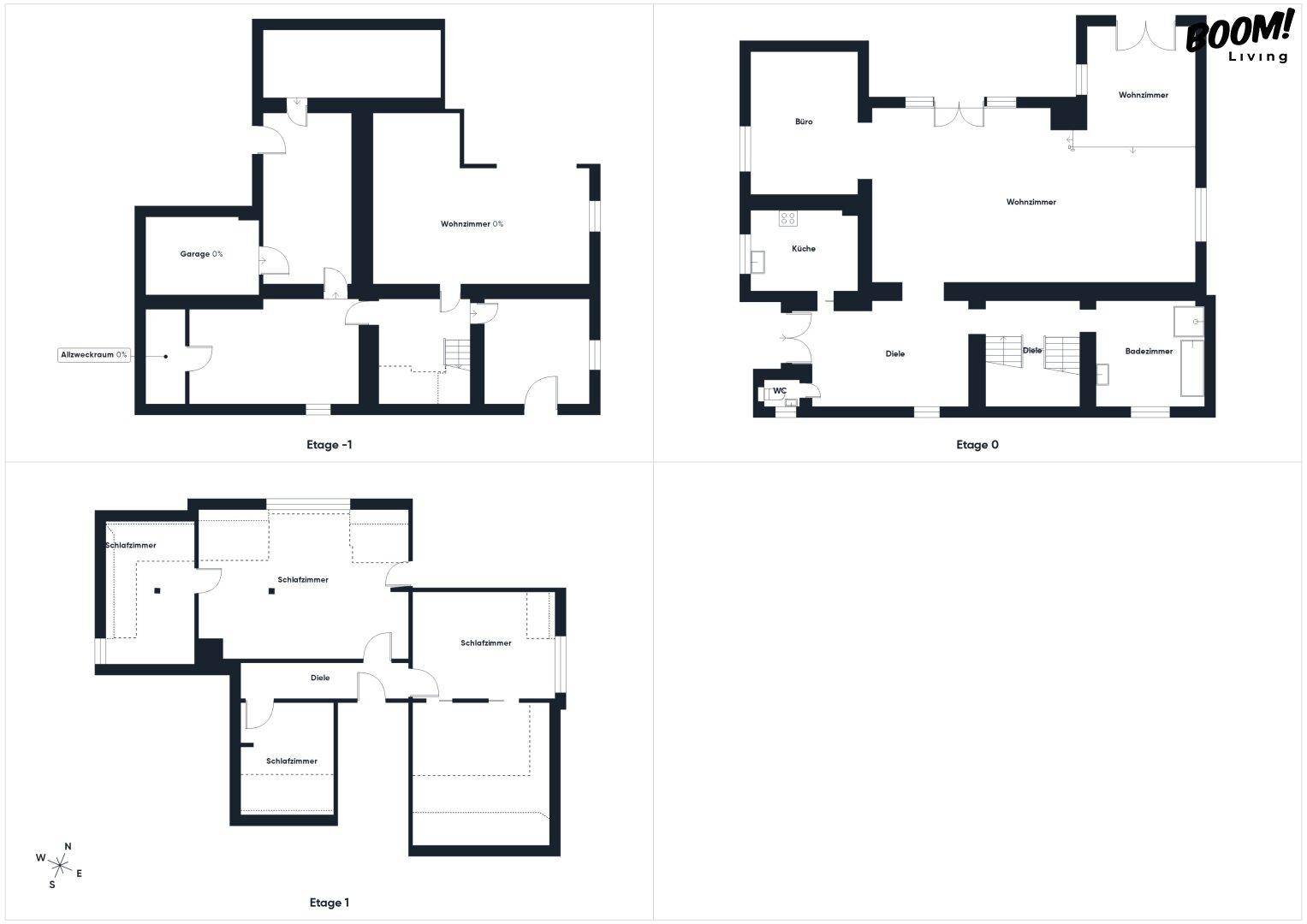 Übersicht der Grundrisse für Untergeschoss, Erdgeschoss und Obergeschoss des Hauses.