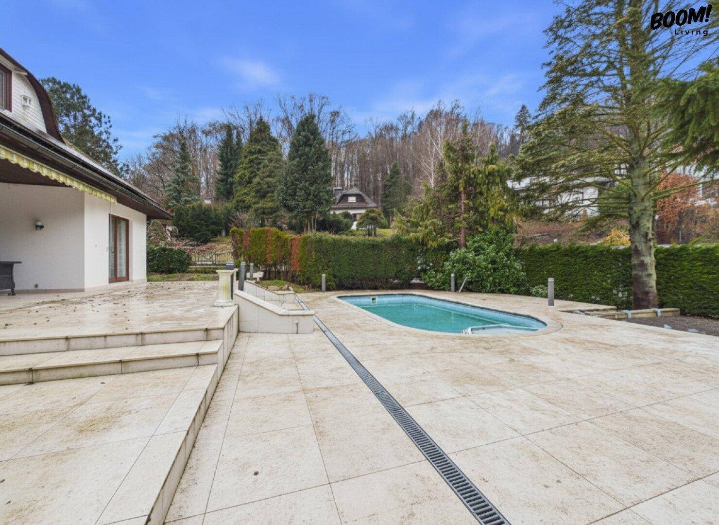 Weitläufige Terrasse mit kleinem Pool, umgeben von einer gepflegten Hecke und Bäumen.