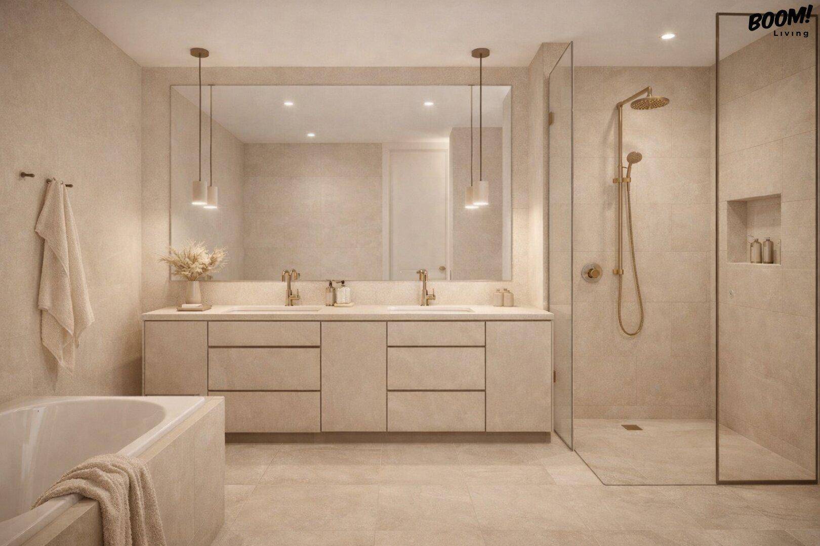 Luxuriöses Badezimmer mit Doppelwaschbecken, großer begehbarer Dusche und Badewanne.