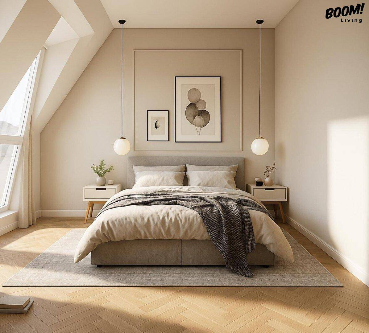 Helles Schlafzimmer mit Dachschrägen, Holzboden und minimalistischer Einrichtung.