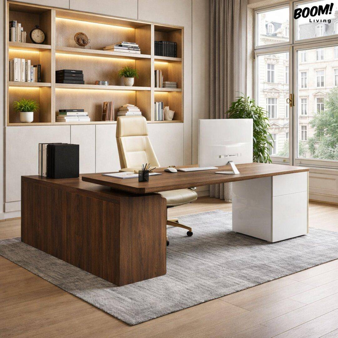 Elegantes Büro mit großem Holzschreibtisch, integrierten Regalen und einem großen Fenster mit Blick nach draußen.