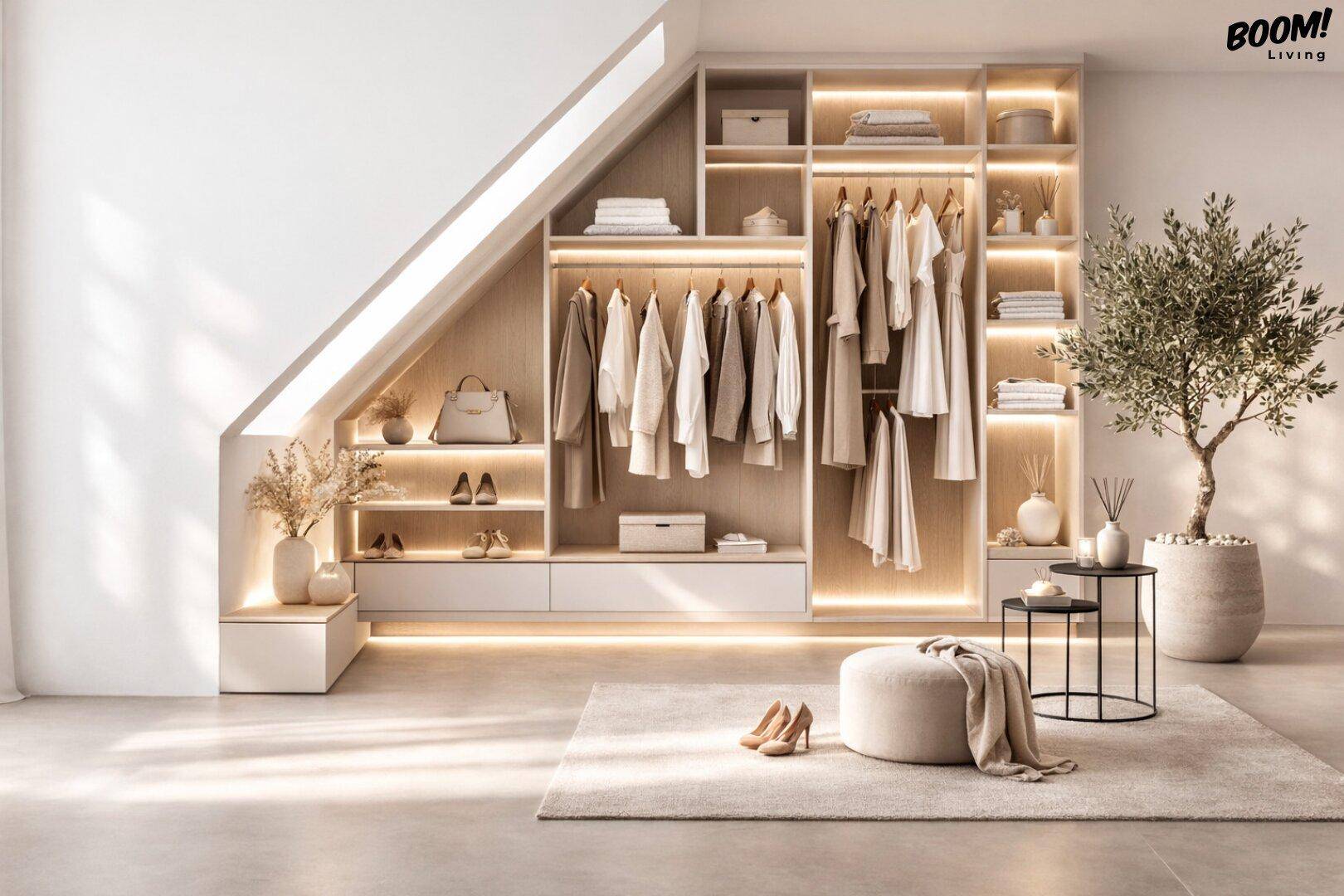 Geräumiger begehbarer Kleiderschrank mit integrierten Regalen, Beleuchtung und viel Stauraum unter einer Dachschräge.