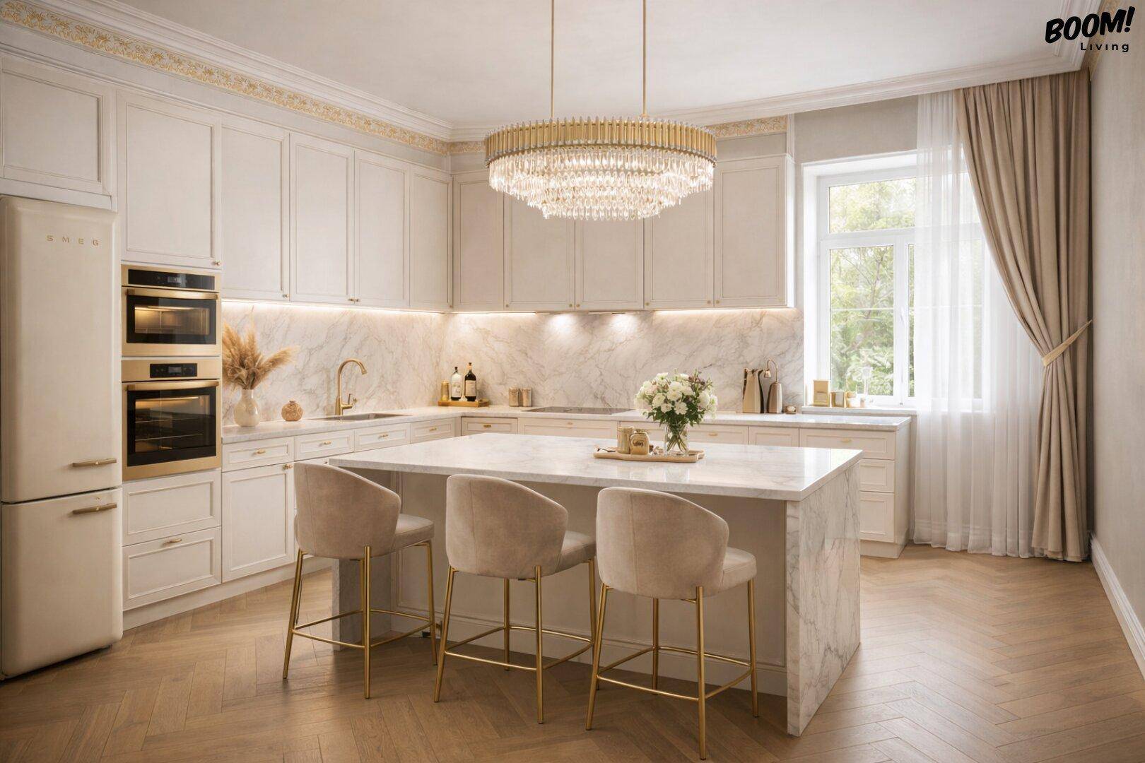 Luxuriöse moderne Küche mit Marmorarbeitsplatten, Kücheninsel und integrierten goldenen Premium-Geräten.