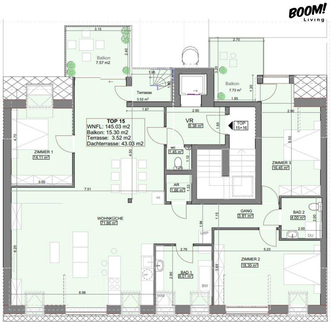 Detaillierter Grundriss einer Wohnung mit mehreren Zimmern, Balkon und Terrasse.