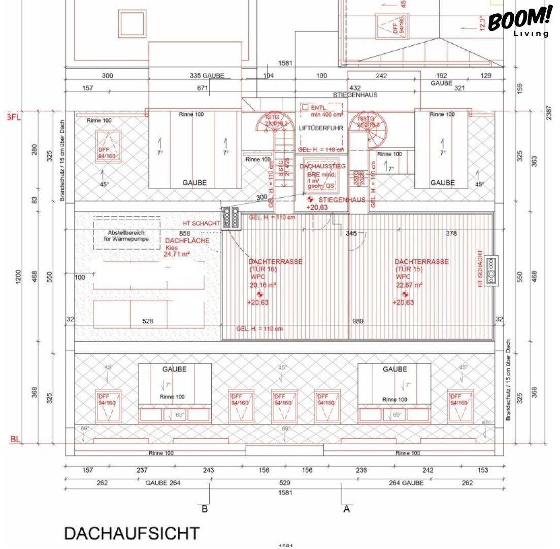 Dachaufsicht mit Details zu Dachterrassen, Gauben und technischen Installationen.