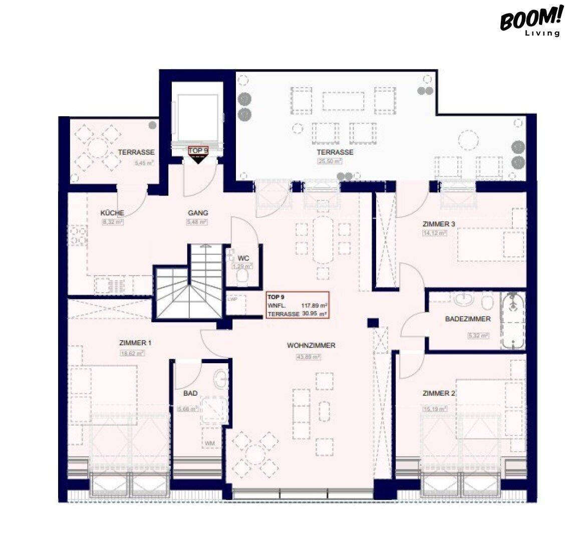 Detaillierter Grundriss einer Wohnung mit drei Zimmern, zwei Bädern und zwei Terrassen.