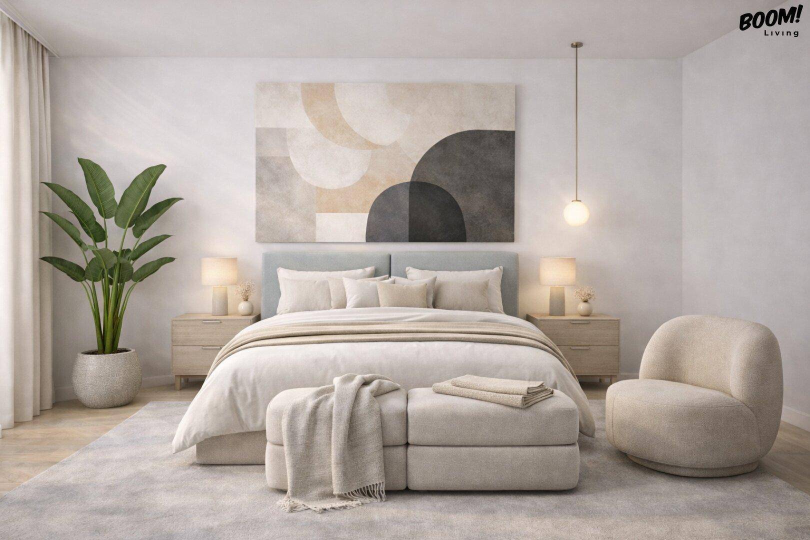 Ruhiges Schlafzimmer mit großem Bett, hellem Teppich und moderner Kunst an der Wand.
