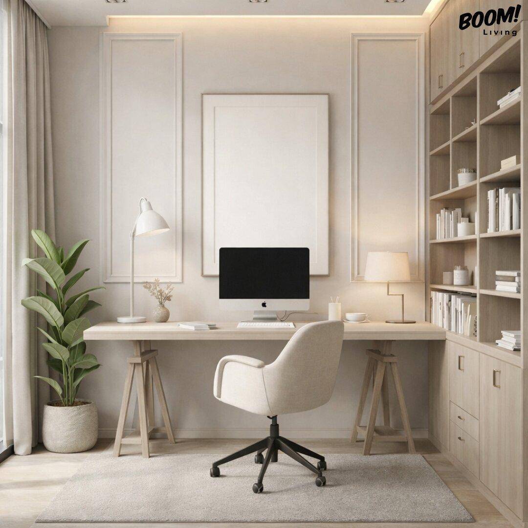 Helles Arbeitszimmer mit großem Schreibtisch, integriertem Bücherregal und moderner Einrichtung.