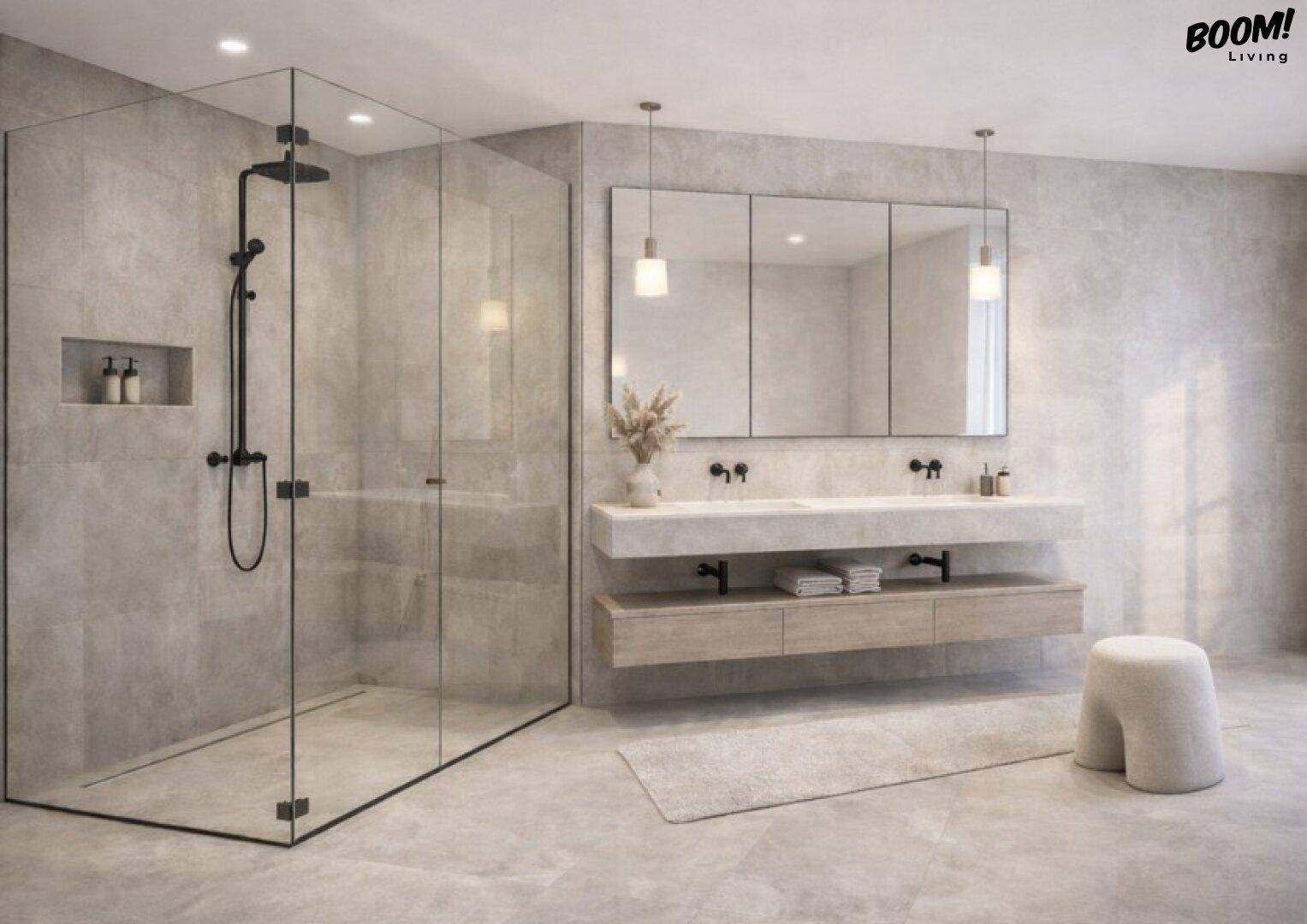 Elegantes Badezimmer mit großer begehbarer Dusche, Doppelwaschbecken und modernen Fliesen.