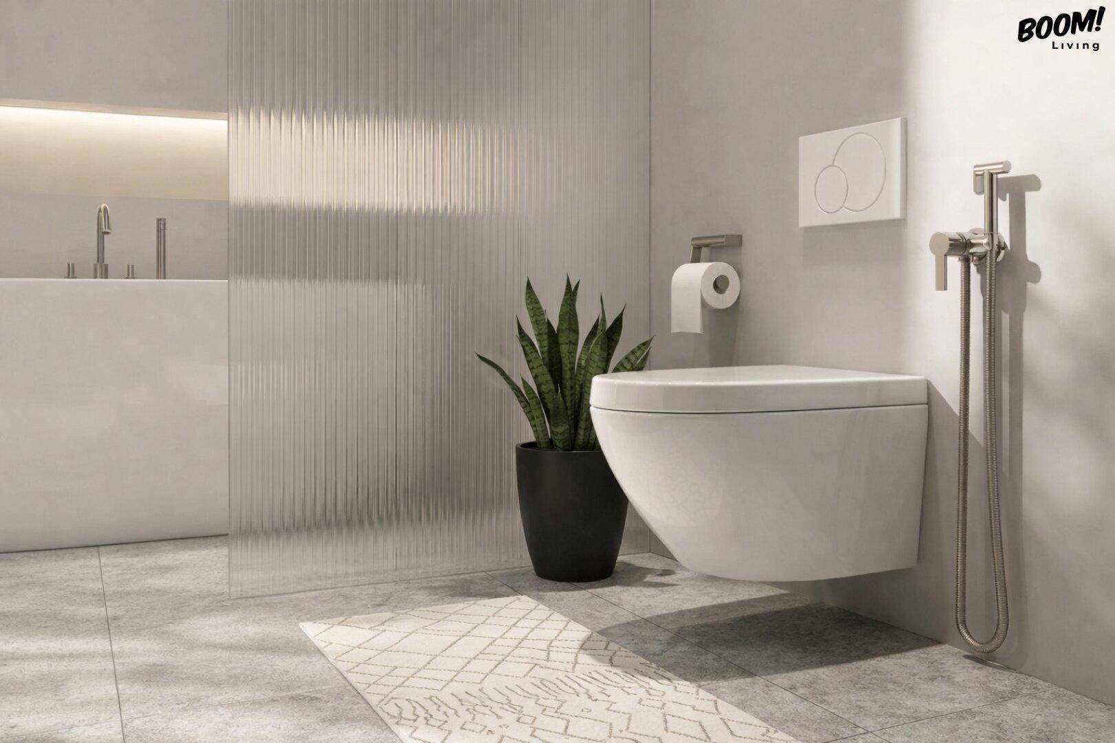 Modernes WC mit wandhängender Toilette, Bidet-Brause und stilvoller Pflanzen-Dekoration.
