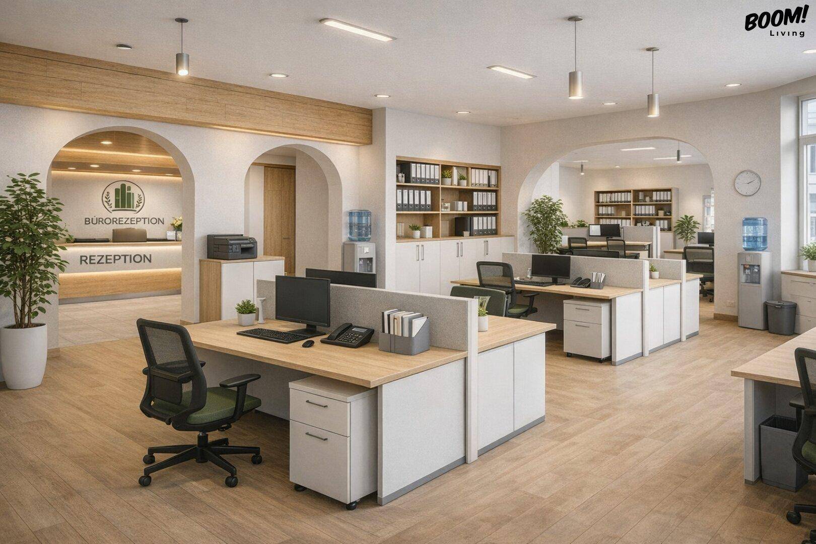 Großes, offenes Büro mit mehreren Arbeitsplätzen, Holzboden und Empfangsbereich im Hintergrund, ideal für Teamarbeit.