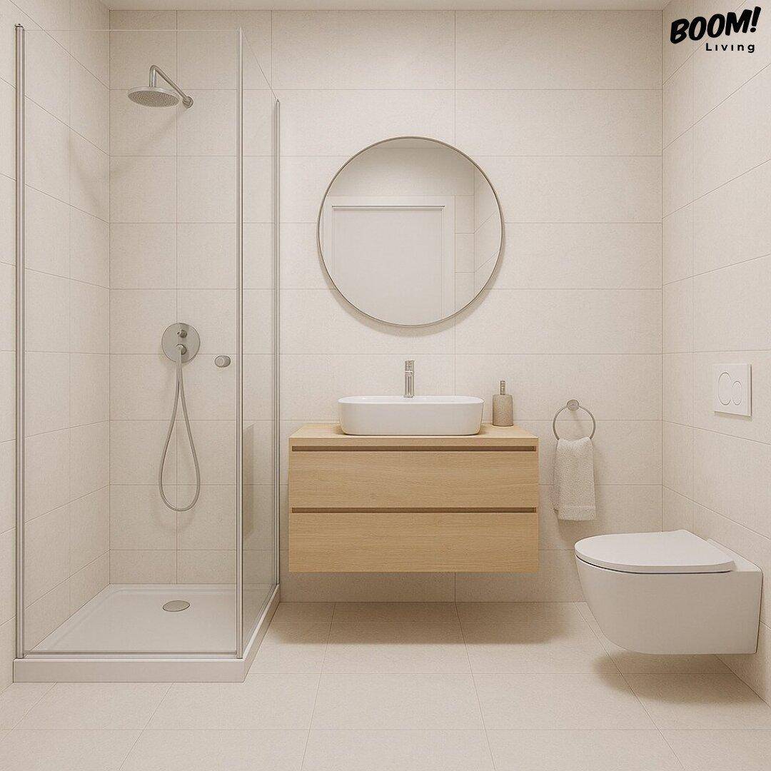 Modernes Badezimmer mit begehbarer Dusche, schwebendem Waschtisch und runden Spiegel.