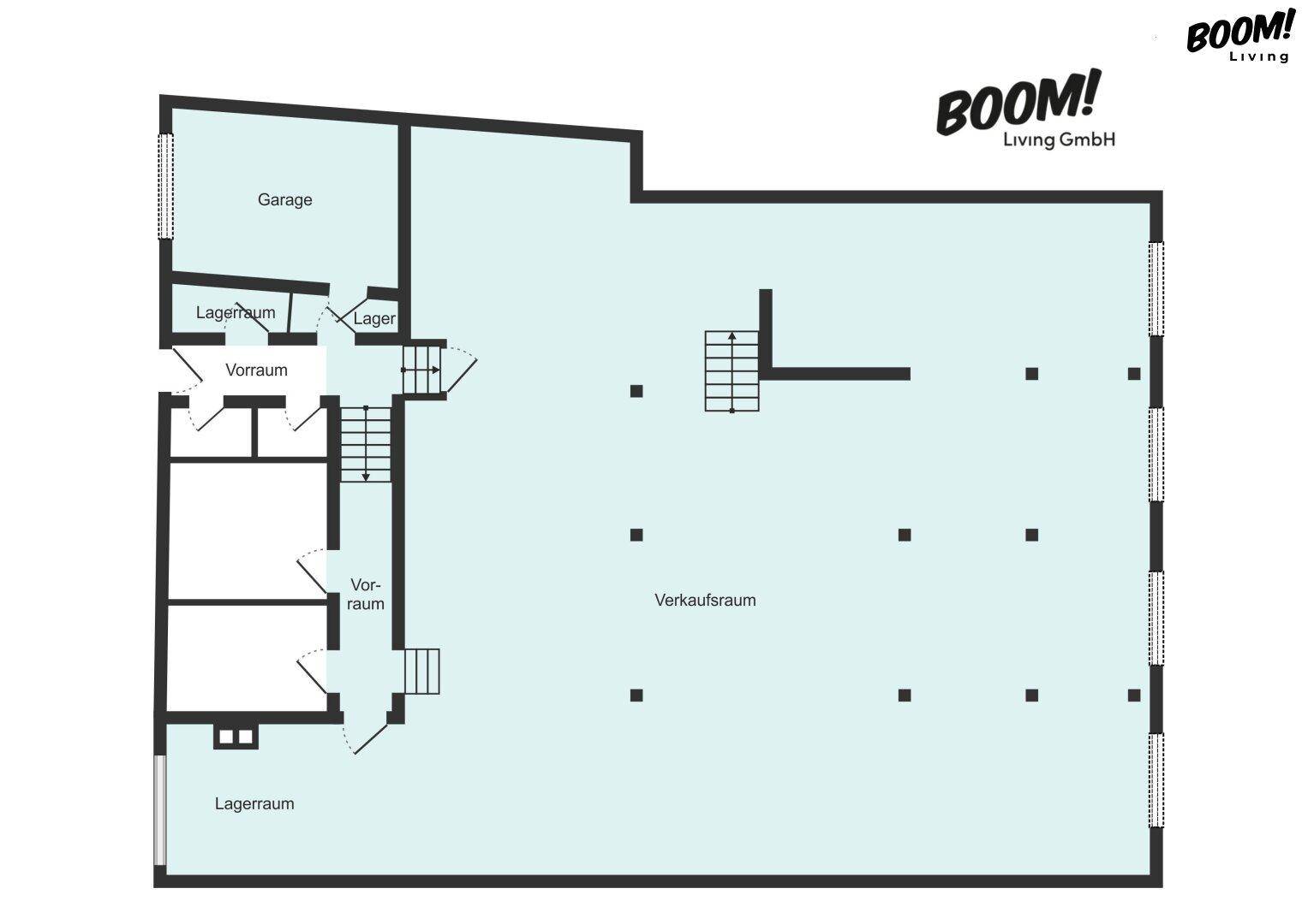 Grundriss des Erdgeschosses mit Verkaufsraum, Garage und Lagerräumen.