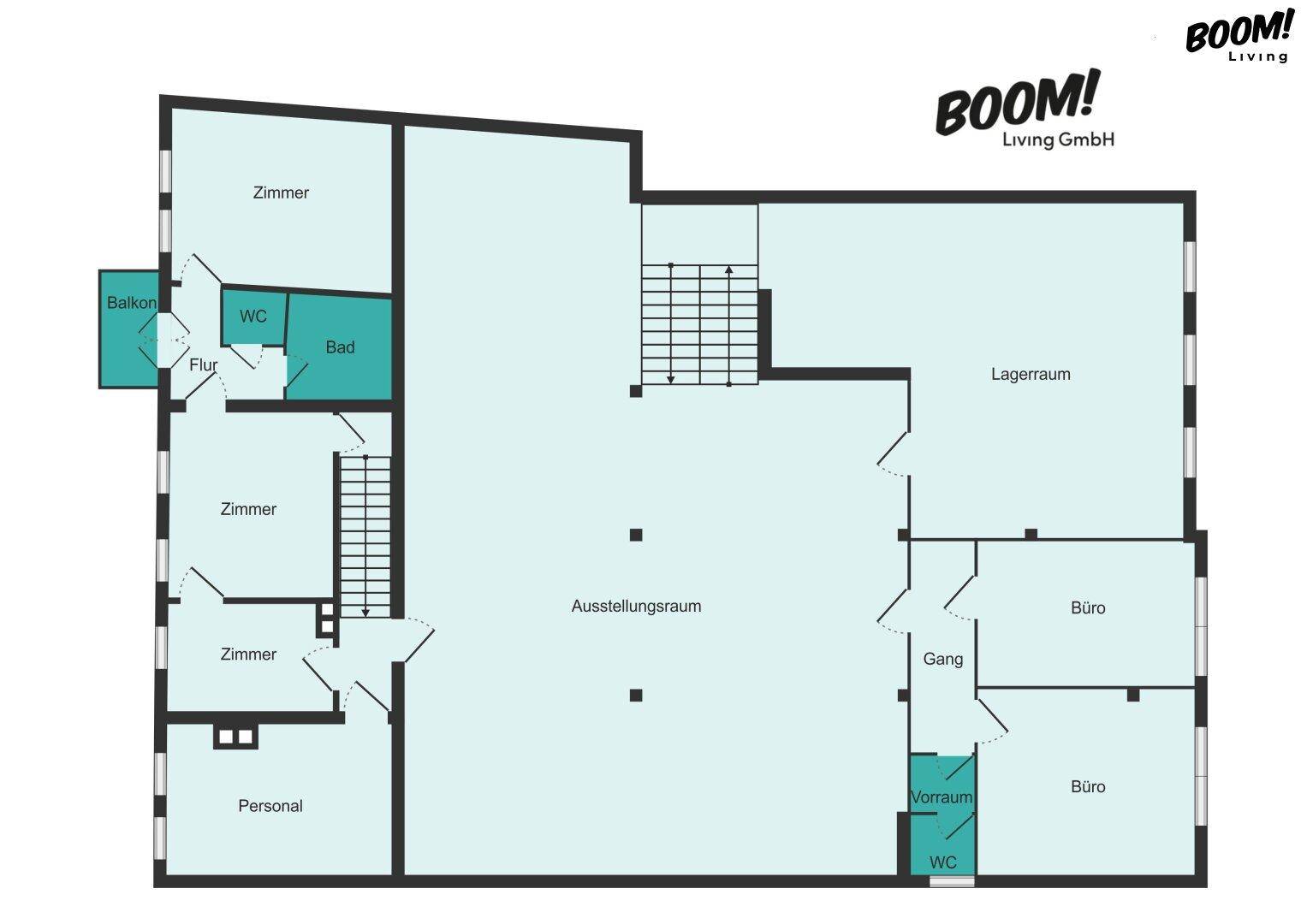 Grundriss des Obergeschosses mit Zimmern, Bädern, Balkon und Büros.
