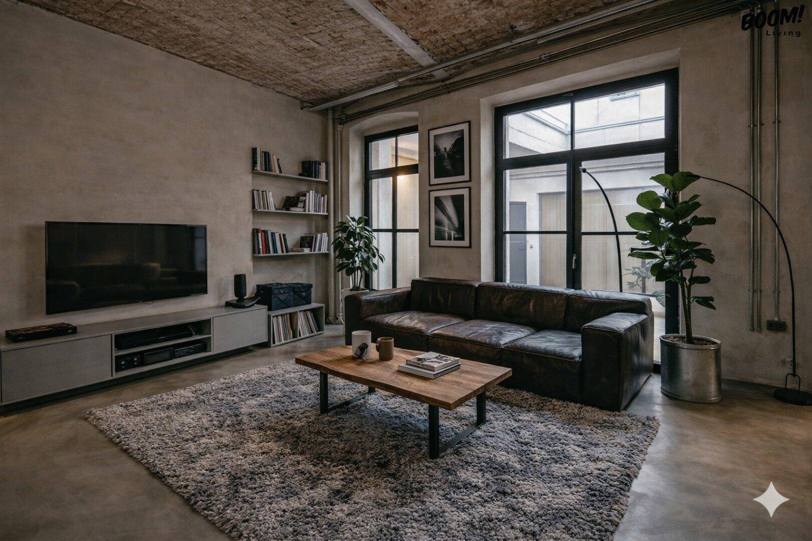 Gemütliches Loft-Wohnzimmer mit Ledersofa, Teppich und großen Fenstern mit Blick auf den Innenhof.
