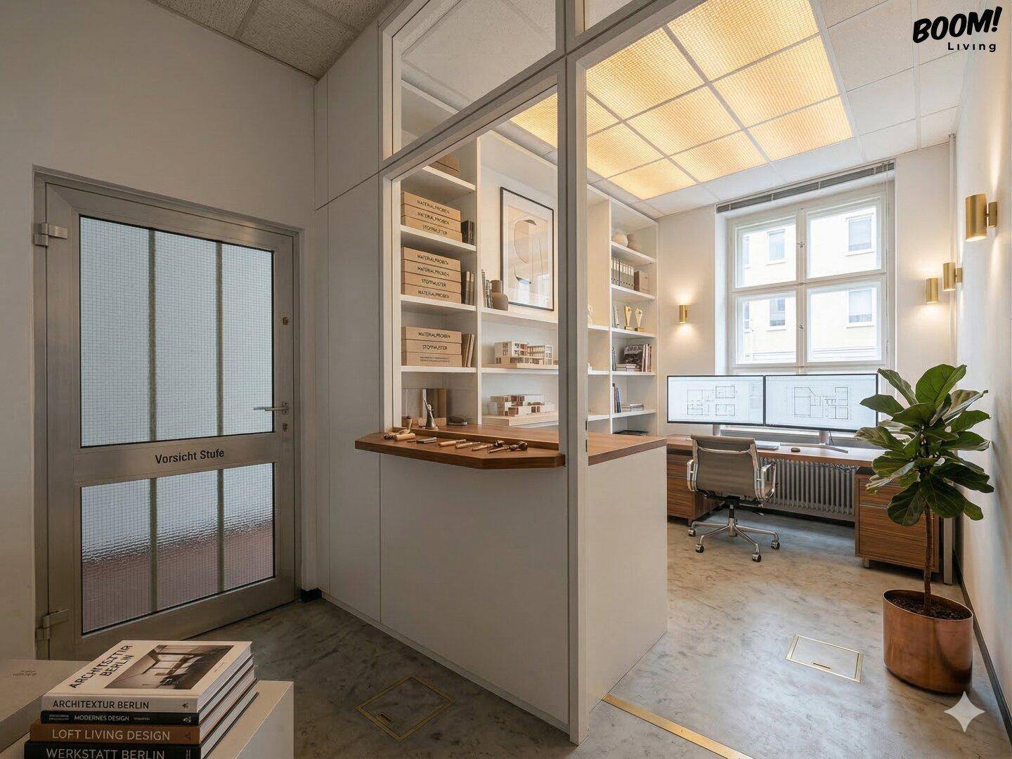 Modernes Büro mit Empfangsbereich, großen Fenstern und integrierten Regalen.