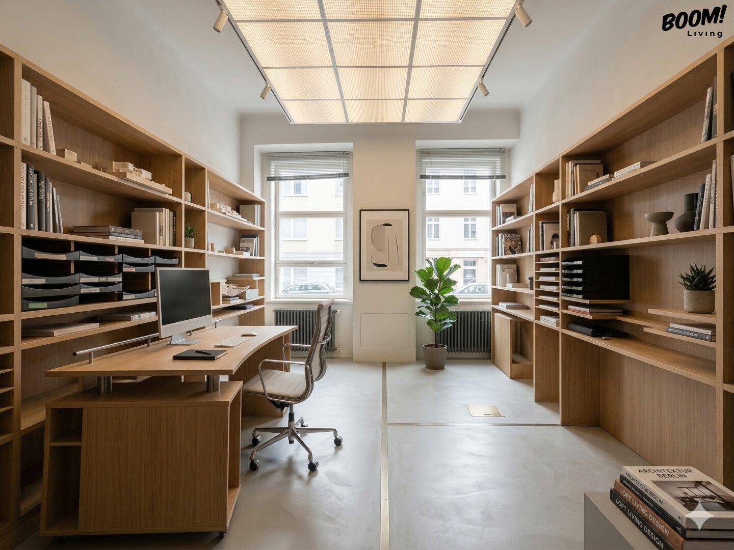 Helles Büro mit großen Holzregalen, Schreibtisch und Blick auf die Straße durch hohe Fenster.