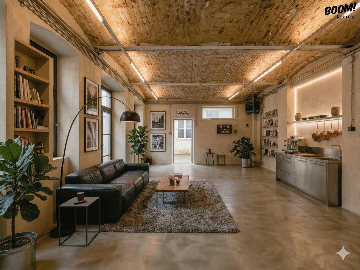 Geräumiges Wohnzimmer mit Ledersofa, freiliegender Ziegeldecke und integrierter Küchenzeile.