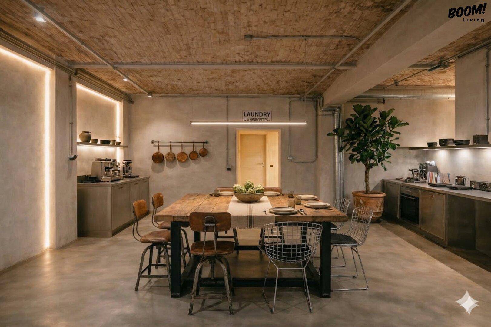 Geräumiger Essbereich mit großem Holztisch, freiliegender Ziegeldecke und industriellem Design.