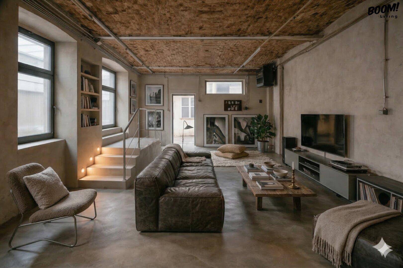 Helles Wohnzimmer mit Ledersofa, Treppe und freiliegender Ziegeldecke in einem Loft-Ambiente.