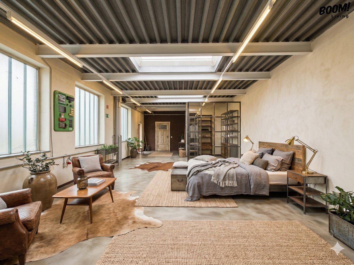 Großes Schlafzimmer im Loft-Stil mit industrieller Decke, Holzbett, Sitzbereich und Oberlicht.