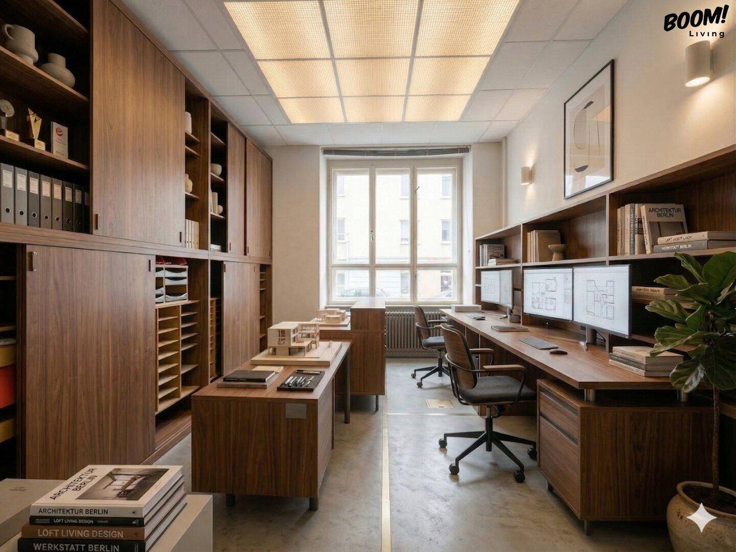 Geräumiges Büro mit Holzschränken, mehreren Arbeitsplätzen und großen Fenstern.