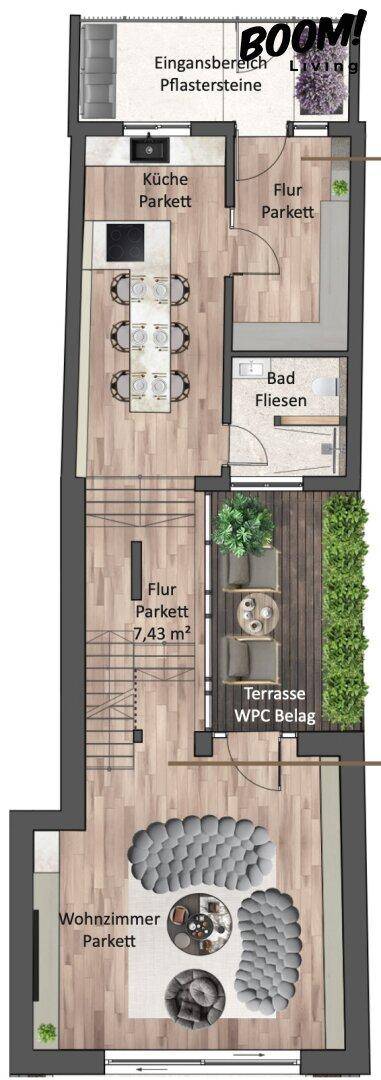Grundriss des Erdgeschosses mit offener Küche, Wohnzimmer und Terrasse.