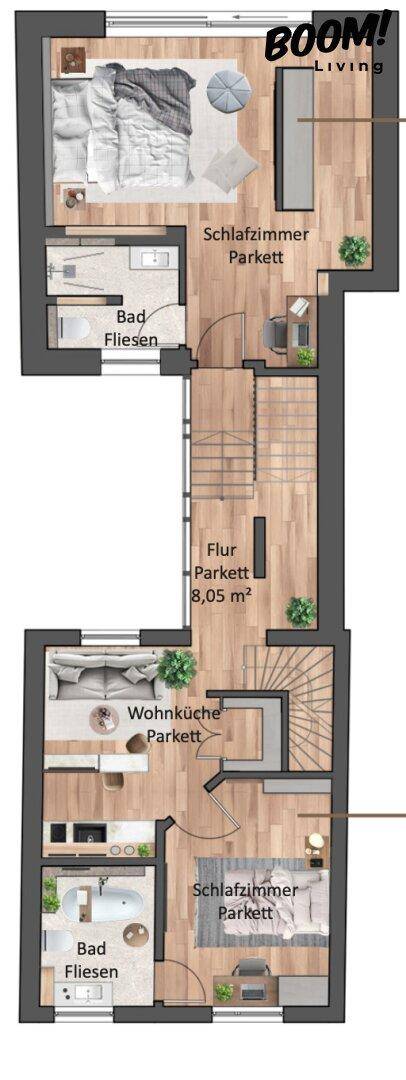 Grundriss des Obergeschosses mit Schlafzimmern, Bädern und offener Wohnküche.