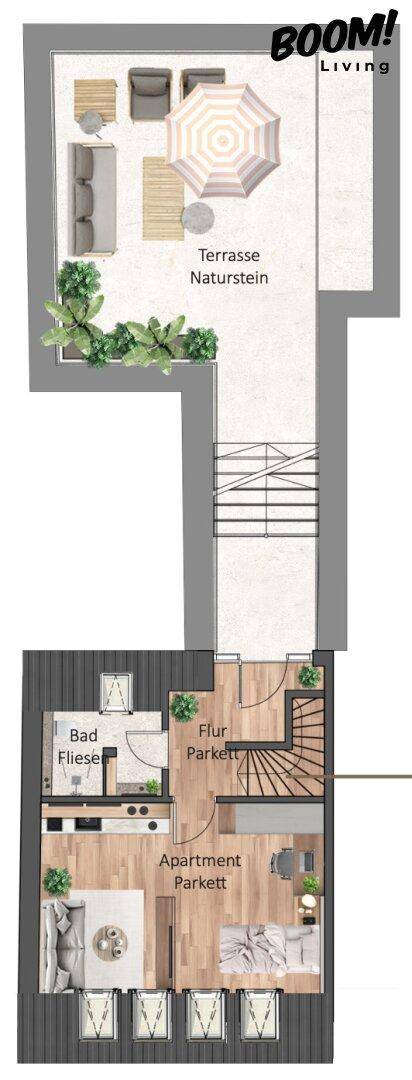 Grundriss des Dachgeschosses mit großer Terrasse und Apartmentbereich.
