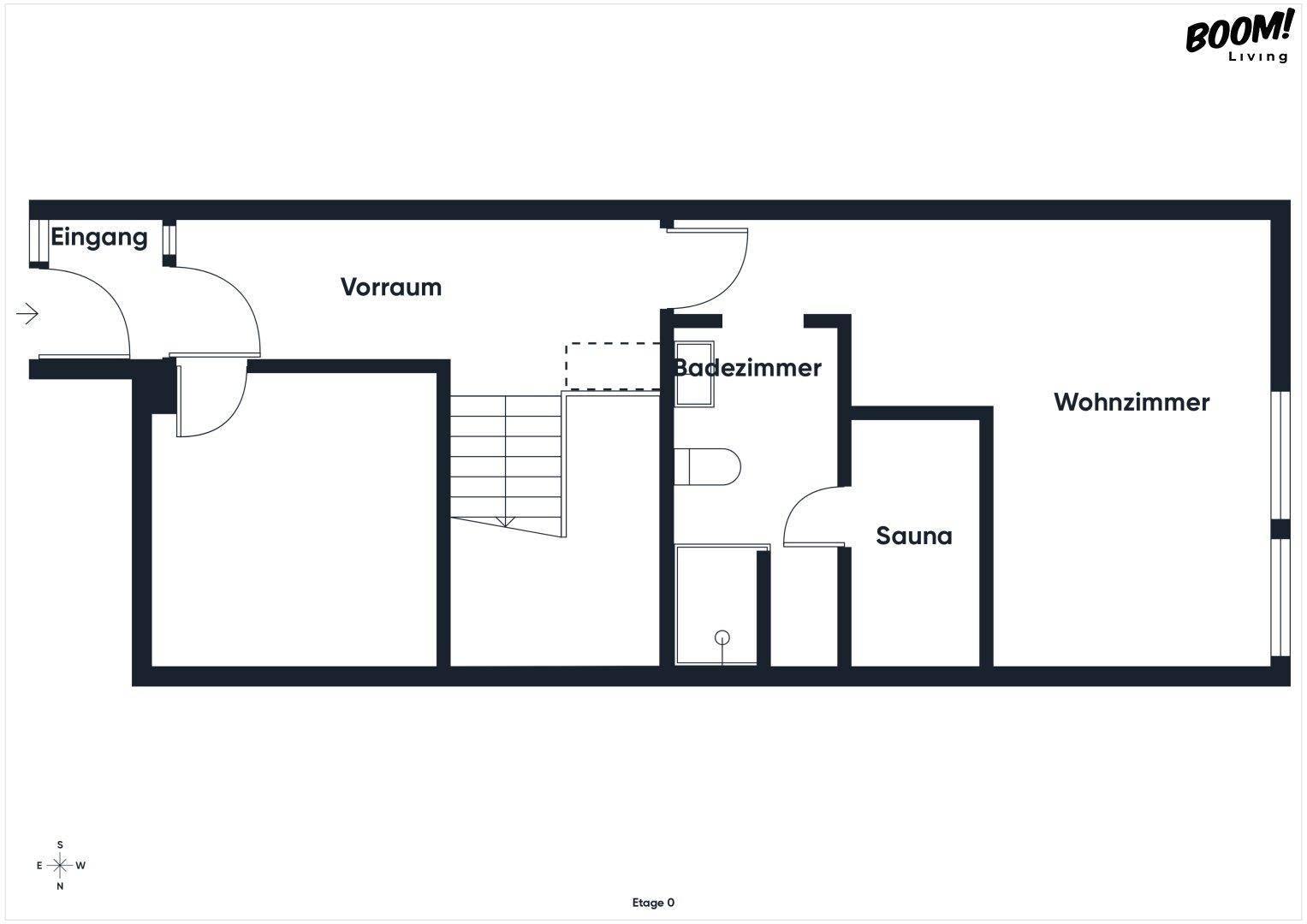 Grundriss der Etage 0 mit Eingangsbereich, Badezimmer, Sauna und Wohnzimmer.