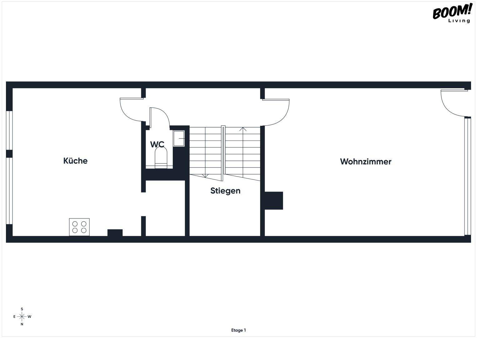 Grundriss der Etage 1 mit Küche, separatem WC und Wohnzimmer, verbunden durch eine Treppe.