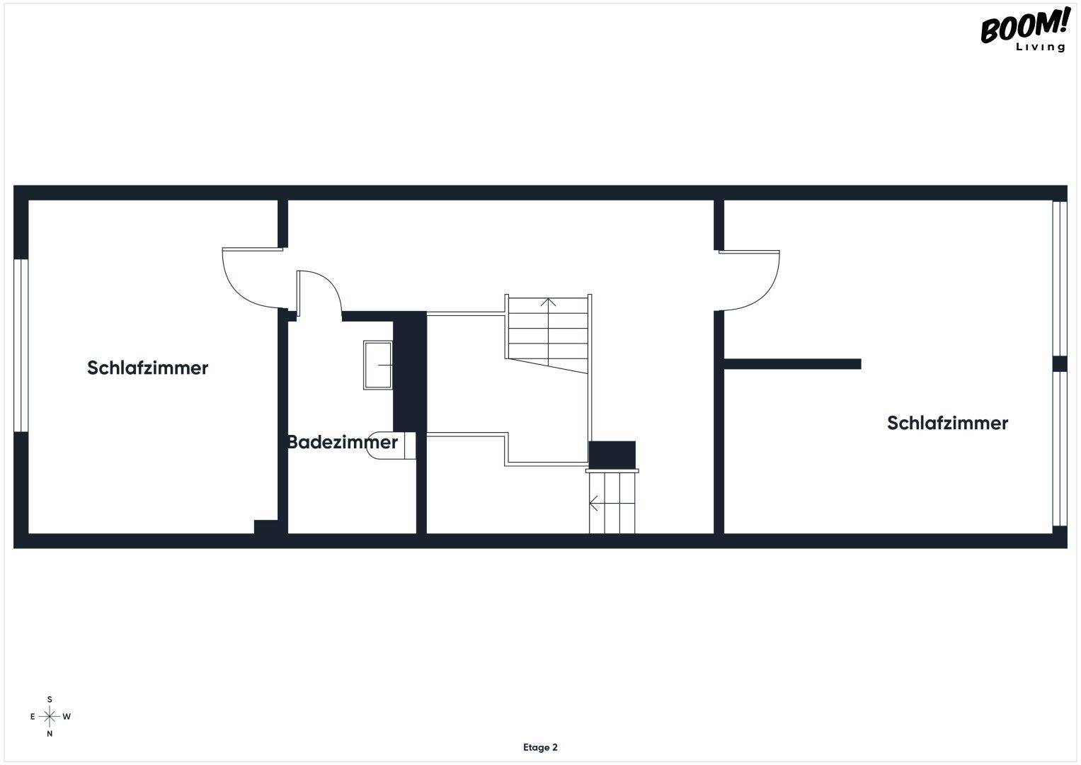 Grundriss der Etage 2 mit zwei Schlafzimmern und einem Badezimmer, ideal für Familien.