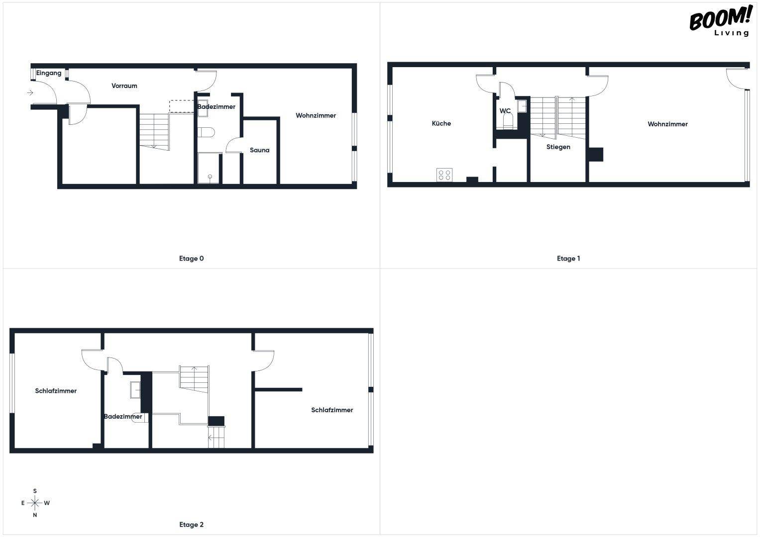 Übersicht der Grundrisse für Etage 0, Etage 1 und Etage 2, zeigt die gesamte Raumaufteilung.