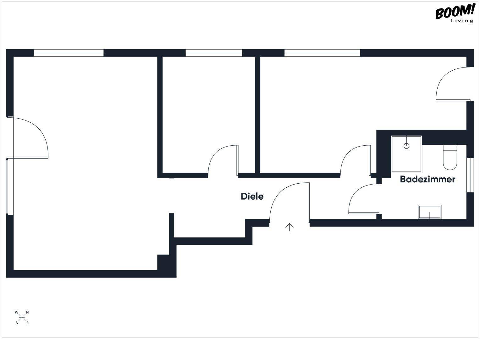 Grundriss einer Wohnung mit Diele und Badezimmer, zeigt die Raumaufteilung.