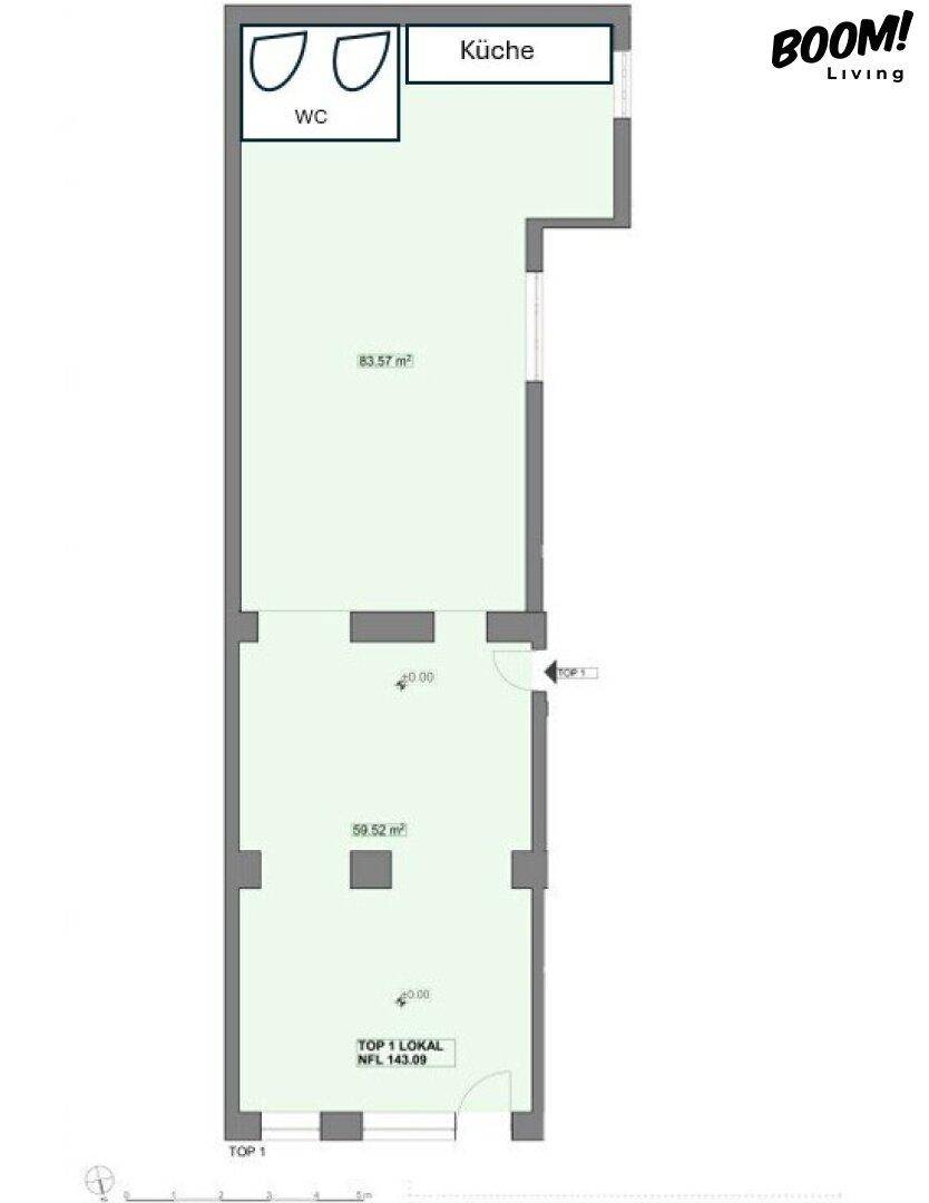 Grundriss eines Gewerberaums mit einer Gesamtfläche von 143,09 m² und separater Küche und WC.