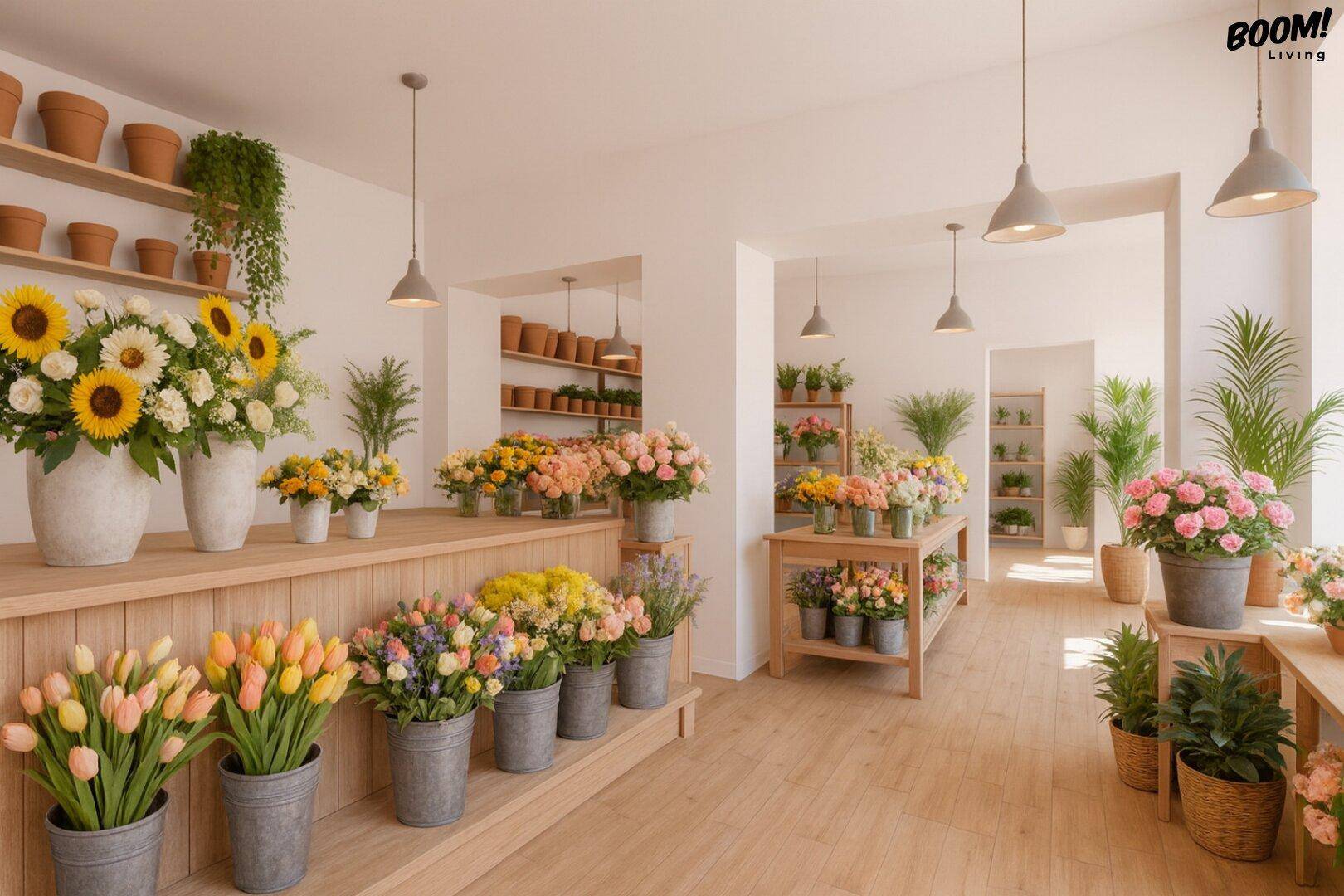 Freundlicher Blumenladen mit einer Vielzahl von bunten Blumen und Pflanzen auf Holzregalen.