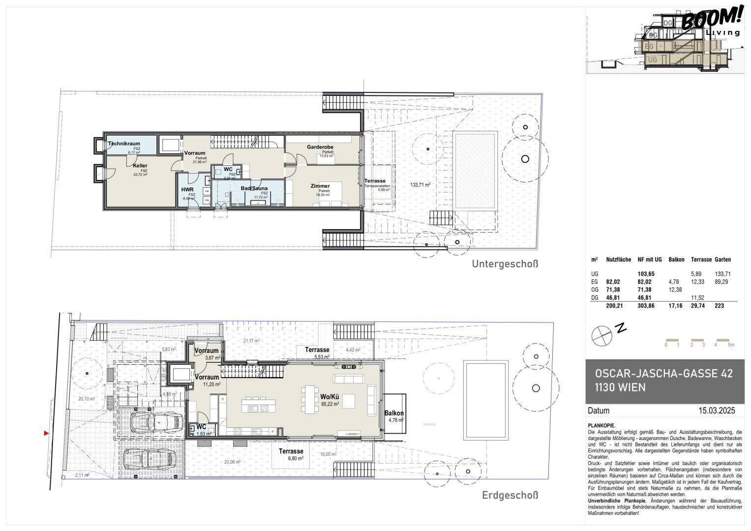 Grundriss des Untergeschosses und Erdgeschosses mit Pool, Terrassen und Carport.