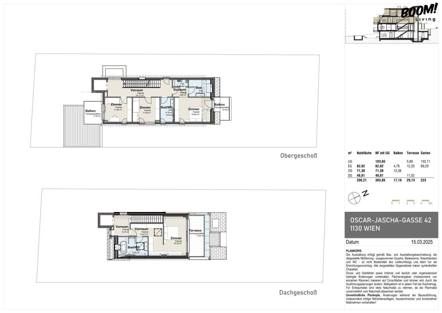 Grundriss des Obergeschosses und Dachgeschosses mit Schlafzimmern, Bädern und Balkon.