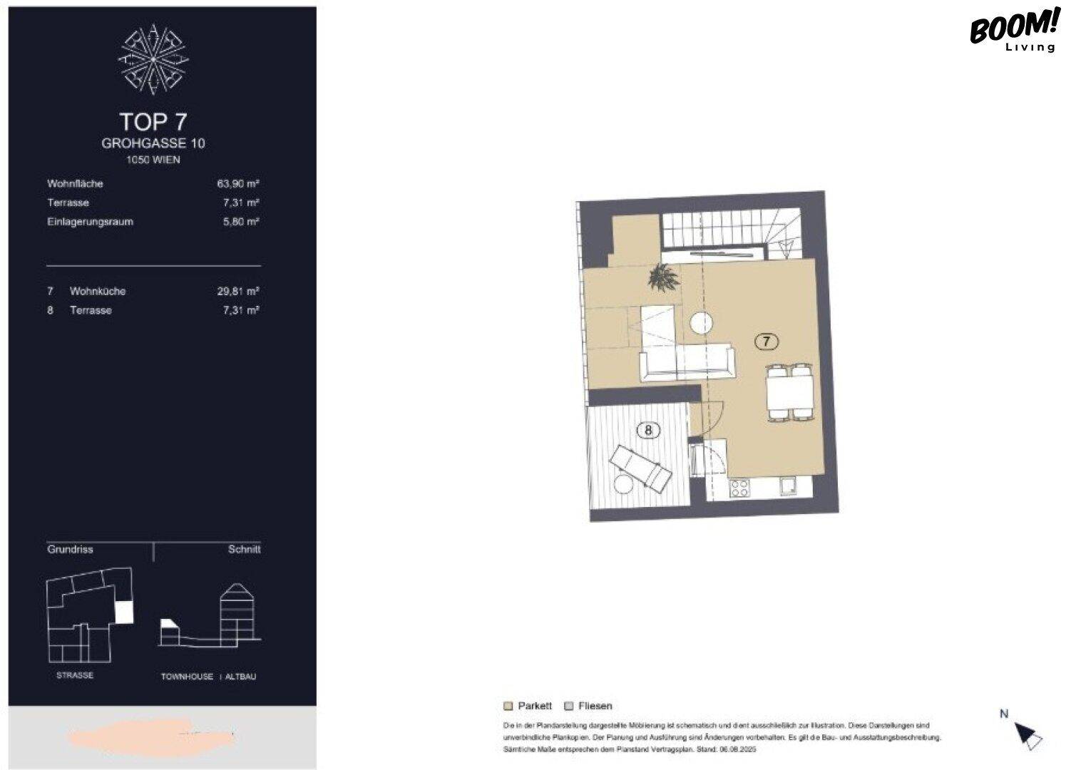 Grundrissplan einer Wohnebene mit offener Wohnküche und Terrasse.