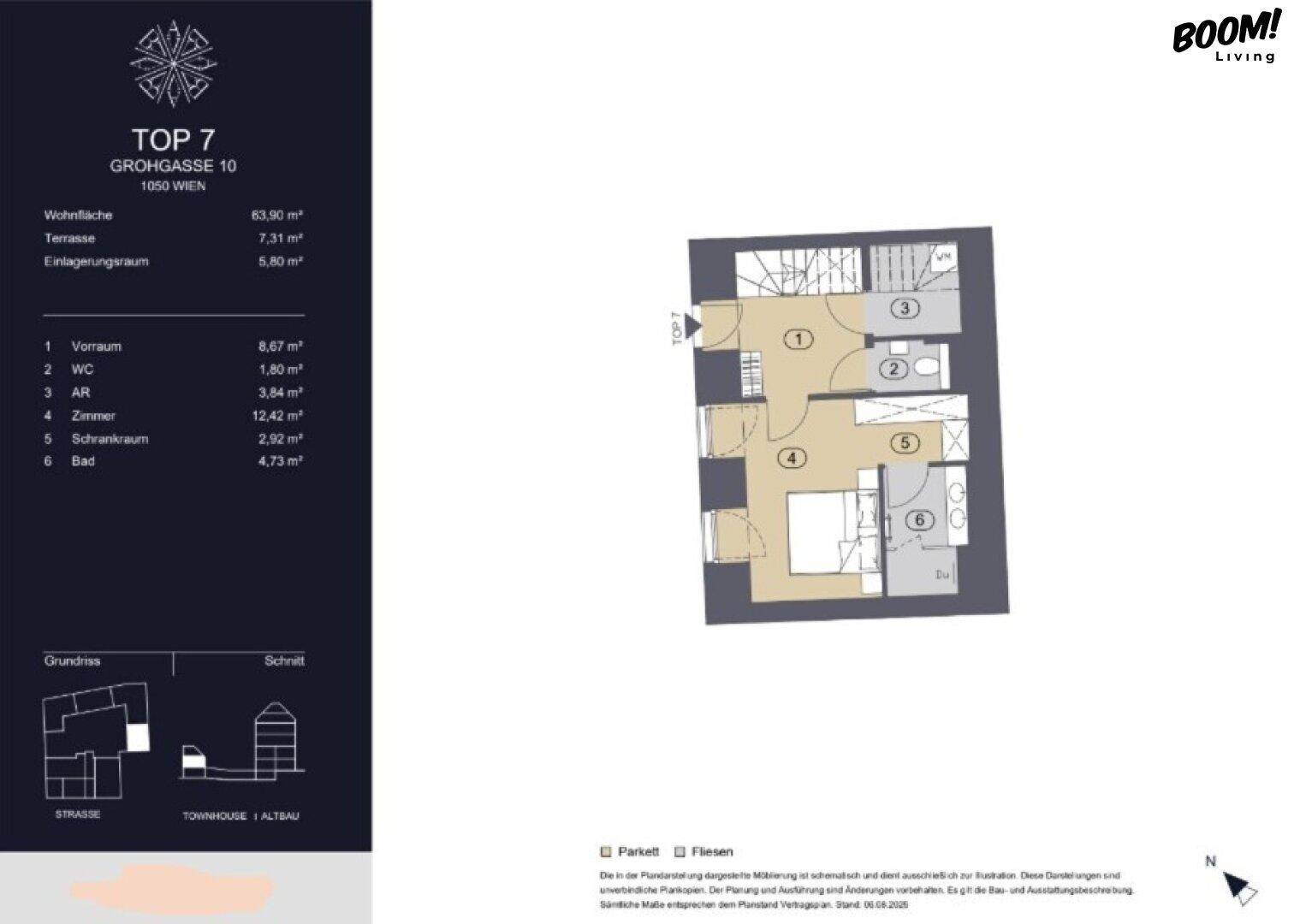 Grundrissplan einer Wohnung mit Schlafzimmer, Bad, WC und Terrasse.