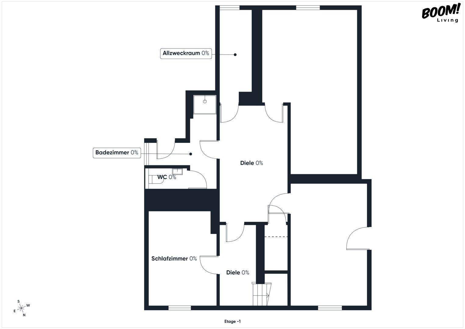 Grundriss der unteren Etage mit Schlafzimmer, Badezimmer, separatem WC und Allzweckraum.