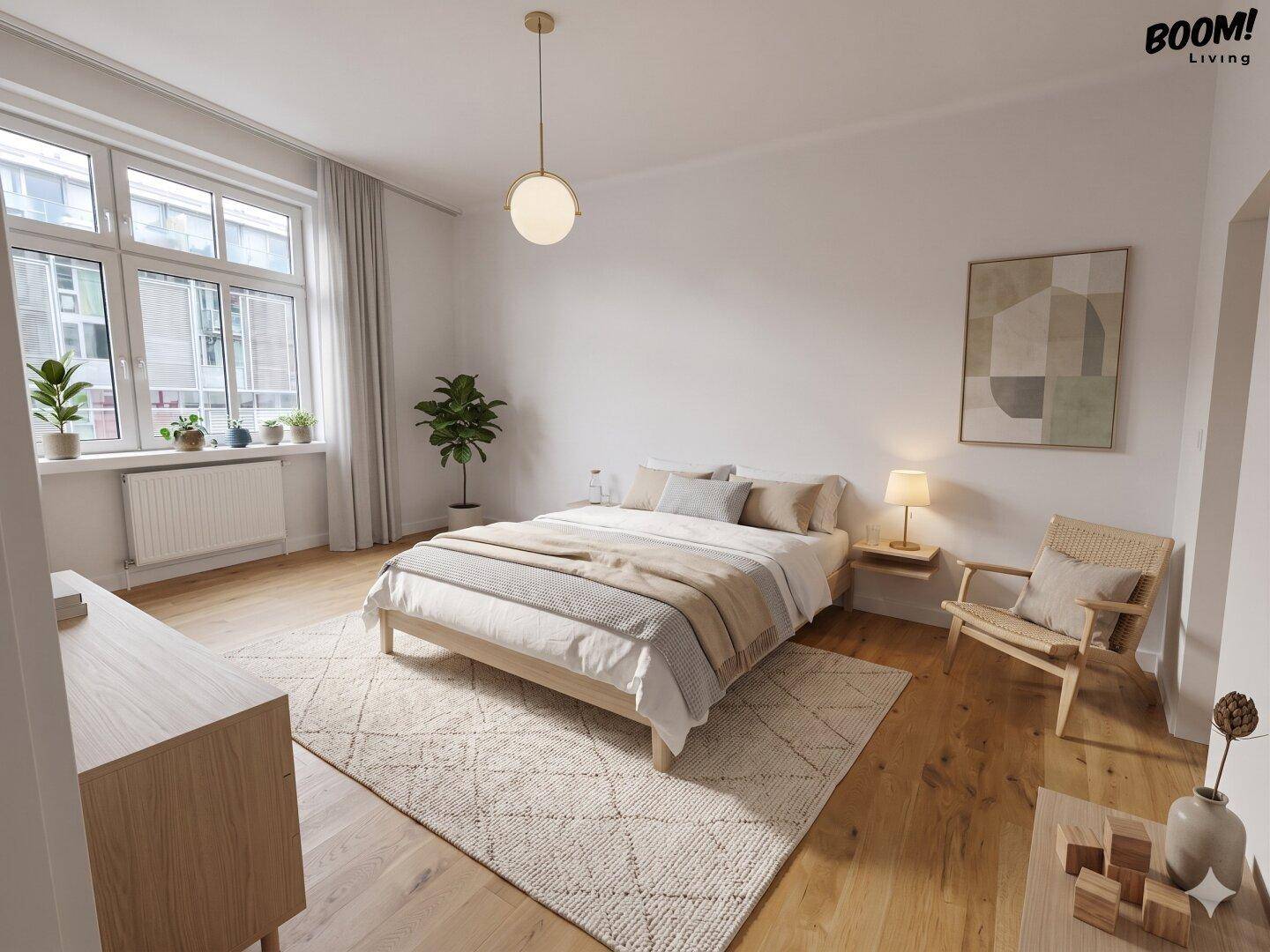 Helles Schlafzimmer mit Holzboden, großem Fenster und minimalistischer Einrichtung für eine ruhige Atmosphäre.