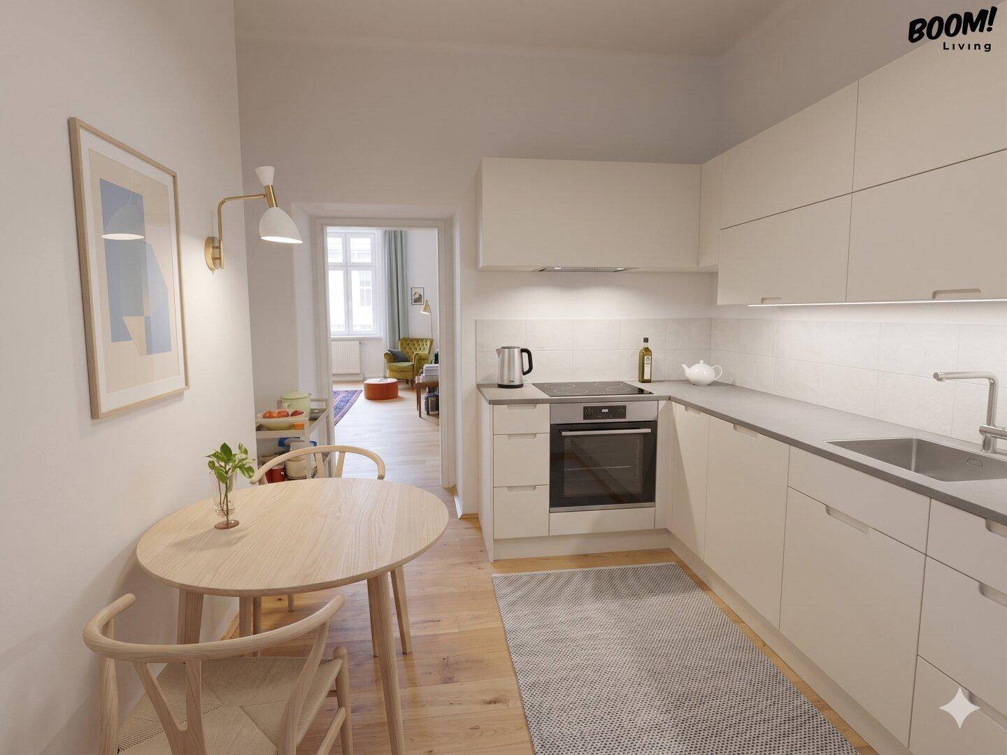Moderne Einbauküche mit hellen Fronten, Induktionskochfeld und kleinem Essbereich mit Holztisch.