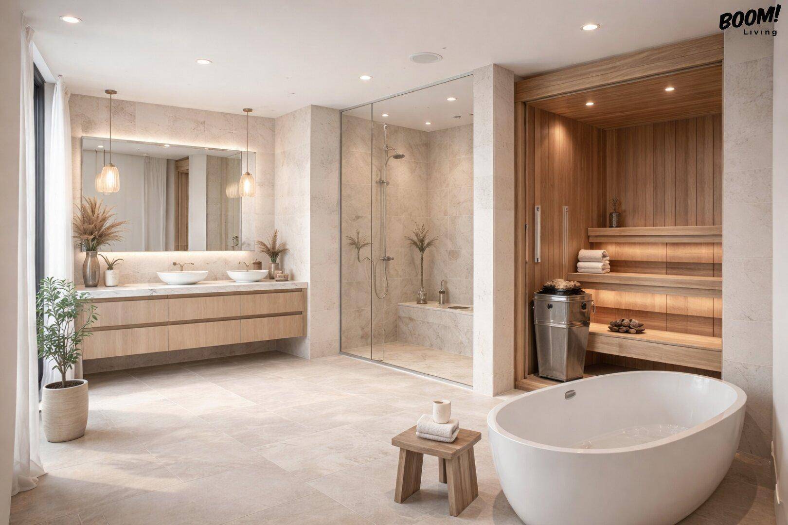 Luxuriöses Badezimmer mit freistehender Badewanne, Sauna, Doppelwaschbecken und großer Dusche.