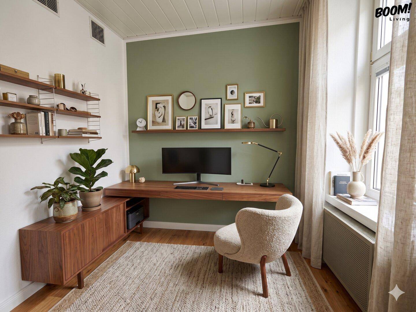 Ruhiges Arbeitszimmer mit modernem Schreibtisch, grüner Akzentwand und viel natürlichem Licht durch das Fenster.