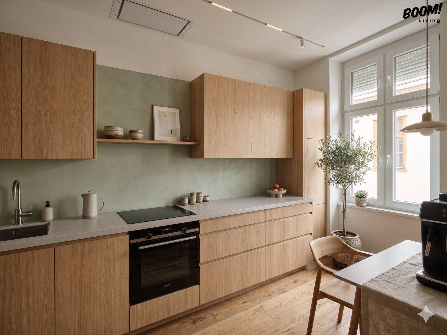Moderne Holzküche mit hellgrüner Rückwand, Induktionskochfeld, Backofen und großem Fenster für Tageslicht.