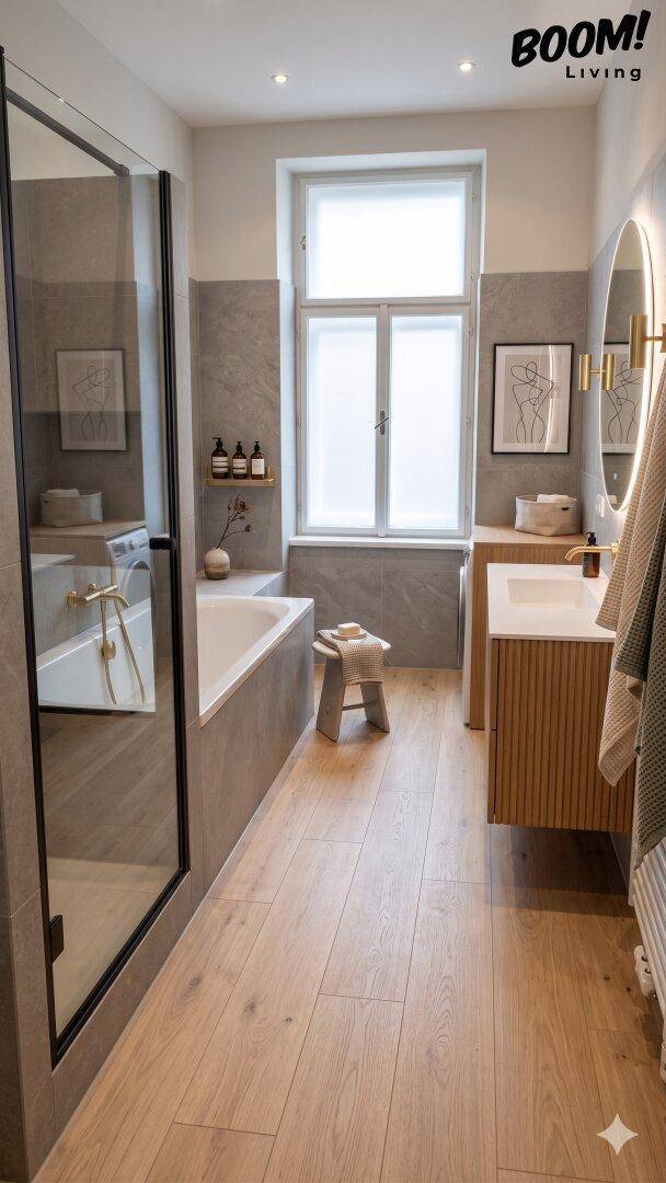 Modernes Badezimmer mit Badewanne, Dusche, Fenster und Holzoptik-Fliesen für ein stilvolles Ambiente.