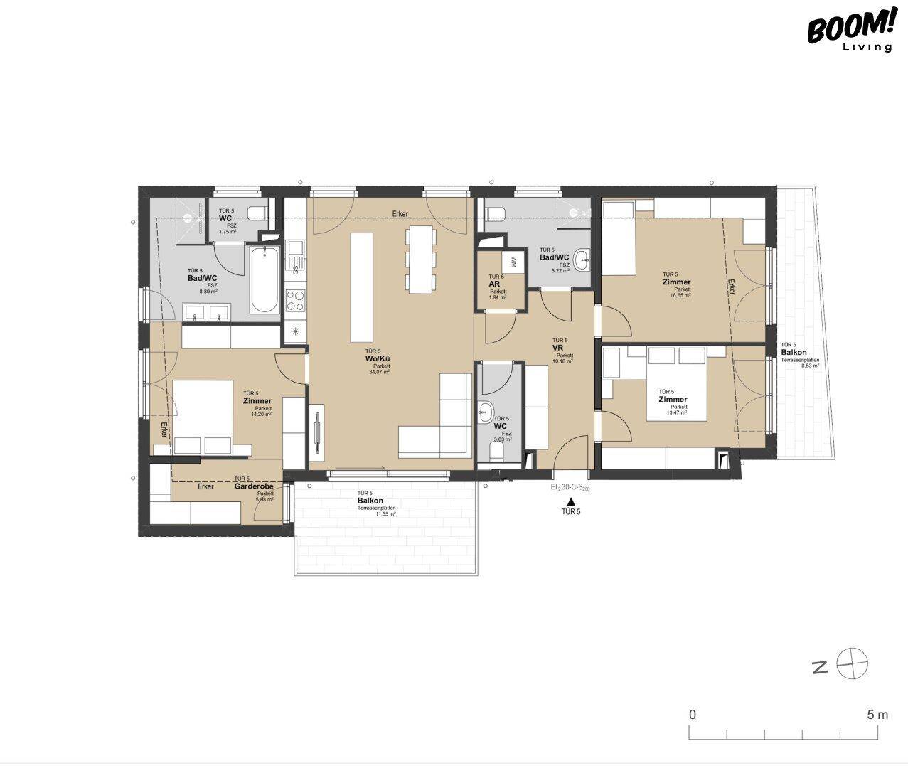 Detaillierter Grundriss einer Wohnung mit mehreren Zimmern, Bädern und Balkonen.