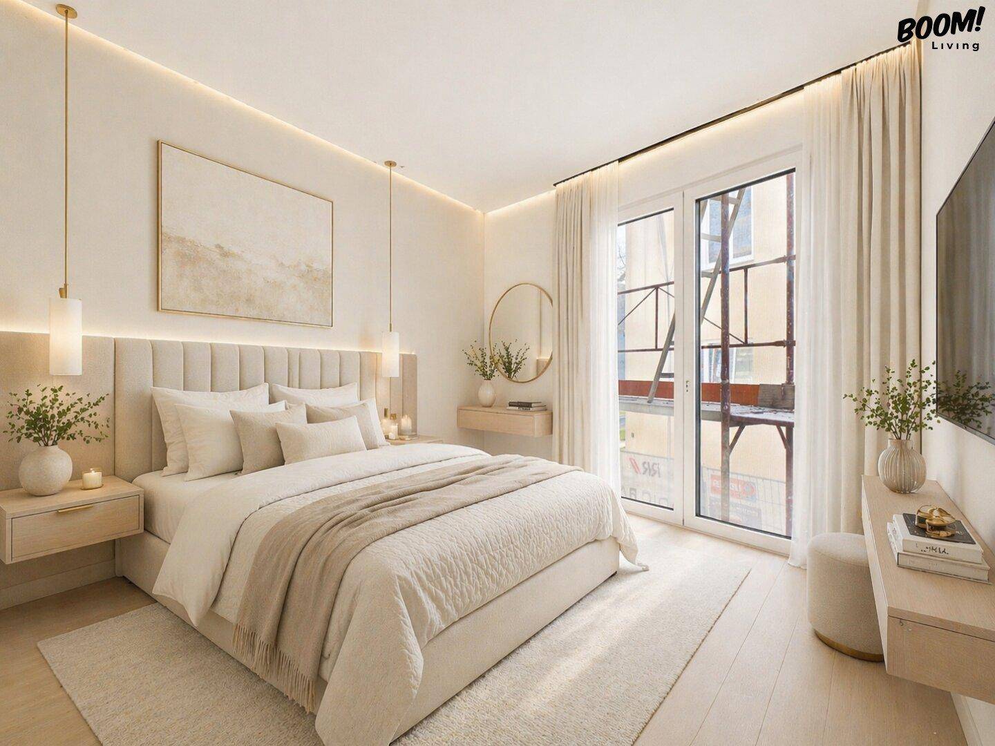 Elegantes Schlafzimmer mit Doppelbett, Nachttischen und Zugang zu einem französischen Balkon.