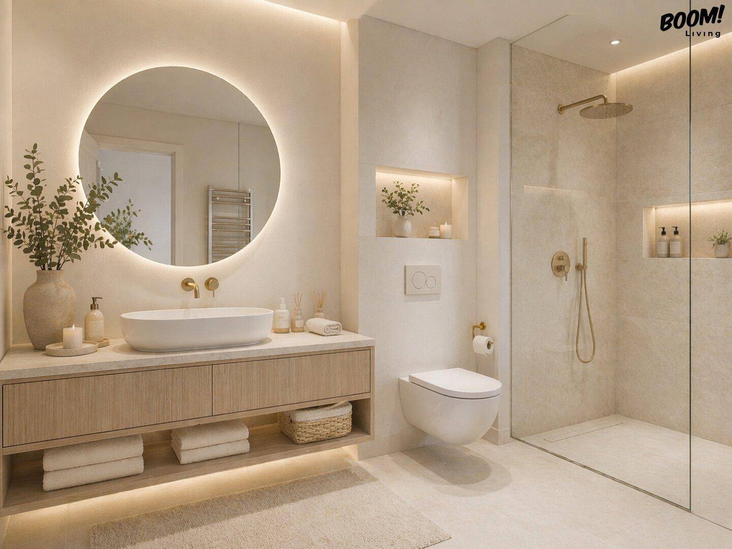 Modernes Badezimmer mit großer begehbarer Dusche, schwebendem Waschtisch und beleuchtetem Spiegel.